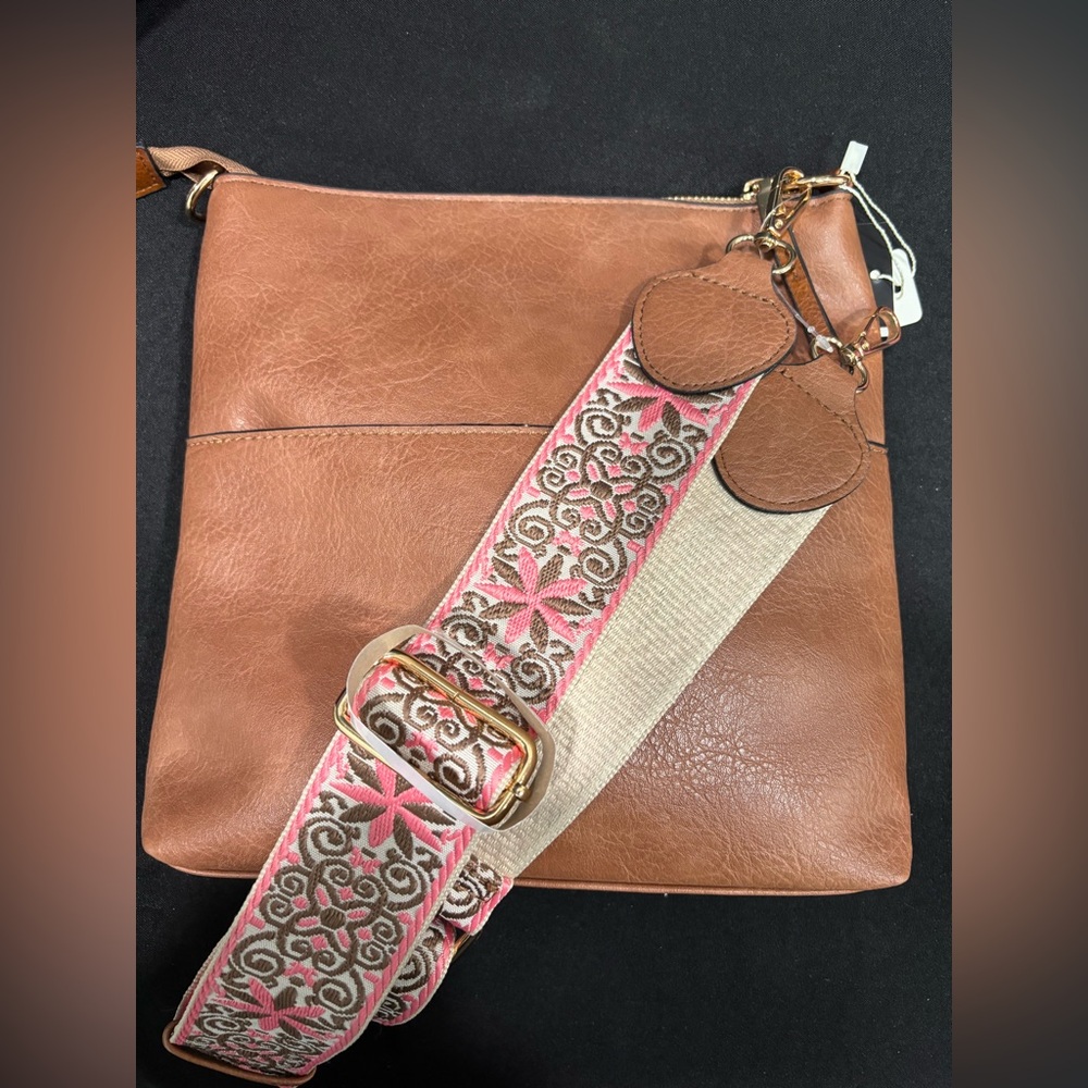 Brown Crossbody Bag with Pink Embroidered Strap